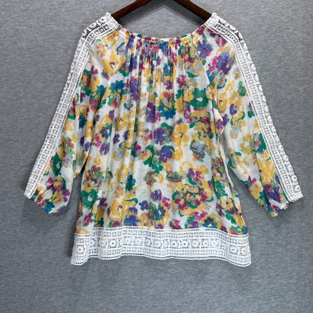 Hope & Harlow Floral Blouse Womens Medium Multicolor Lace Trim Boho Top